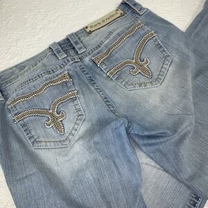 Rock Revival Dee Boot Cut Jeans Distressed Thick Stitch Flap Pockets Size 30